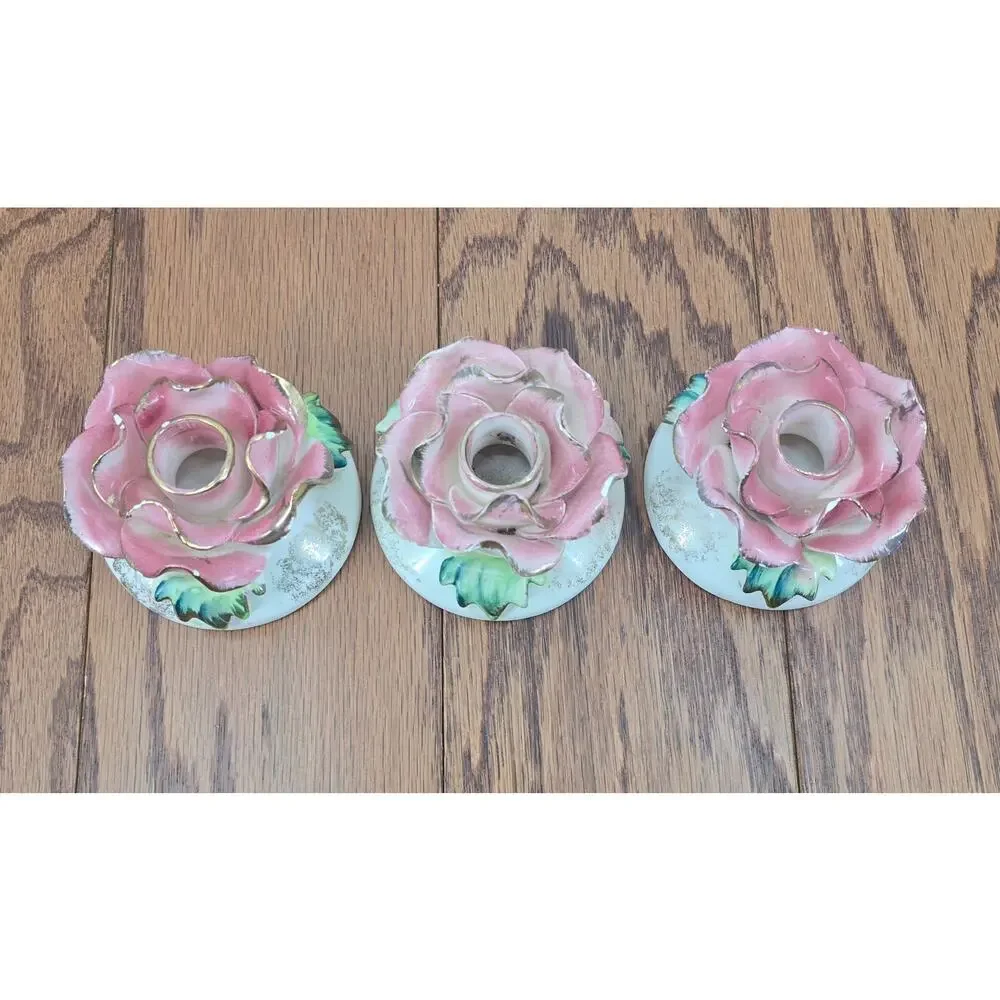 Vintage Commodore Japan Pink Rose Candle Holders Set of 3‎ Porcelain MCM